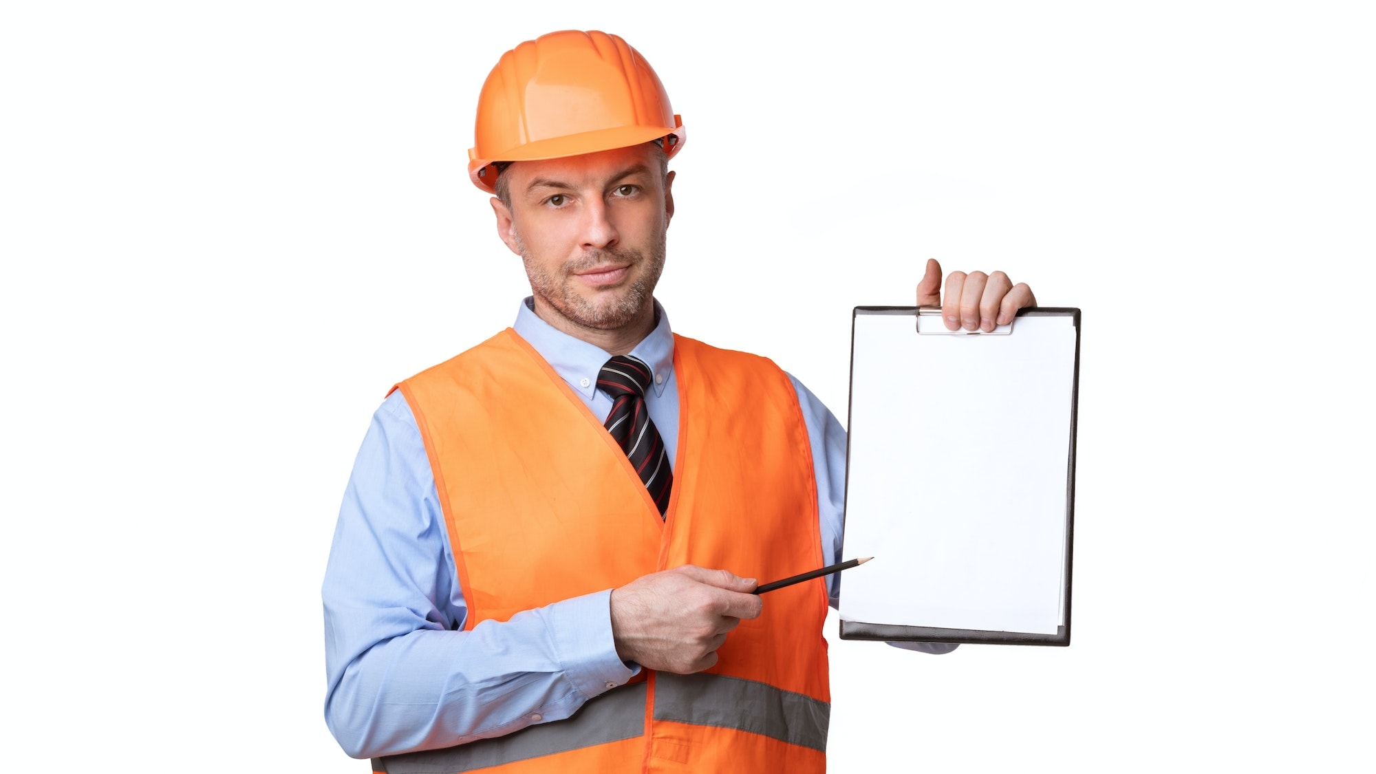 Professional Builder Offering Sign Labor Contract Showing Folder, White Background